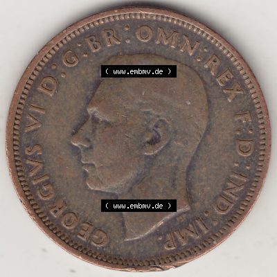 Alte Münzen Großbritannien Umlaufmünze 1937-1948, Half Penny, 1944-1, George VI, HALF PENNY HP, Segelschiff. Vorderseite der alten britischen Münze... Sammlung