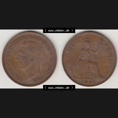 Münzen Großbritannien Umlaufmünze 1937-1948. 1 One Penny 1945-1, George VI, GEORGIVS VI DGBROMNREX FDINDIMP. HP. Vorderseite und Rückseite horizontal... Sammlung