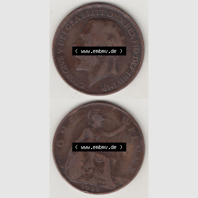 Alte Münzen Großbritannien Umlaufmünze 1911-1926, 1 Penny, One Penny, 1917-1, B.M. GEORGIVS V DEI GRA BRITT OMN REX FID DEF IND IMP. Vorderseite... Sammlung