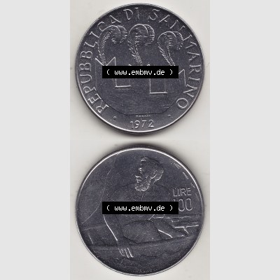 Bildmaterial Münzensatz / KMS 1972 aus San Marino 1972-1972, 100 Lire von 1972, 100 LIRE MONASSI REPUBBLICA DI SAN MARINO. Vorderseite und Rückseite einer Umlaufmünze... Sammlung