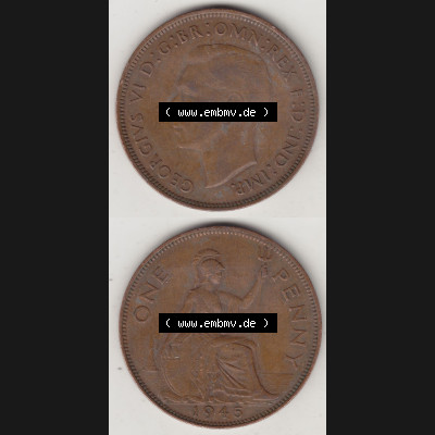 Münzen Großbritannien Umlaufmünze 1937-1948. 1 One Penny 1945-1, George VI, GEORGIVS VI DGBROMNREX FDINDIMP. HP. Vorderseite und Rückseite vertikal... Sammlung