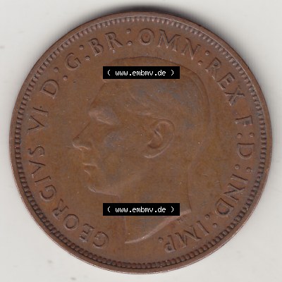 Alte Münzen Großbritannien Umlaufmünze 1937-1948, 1 Penny, One Penny, 1948-1, GEORGIVS VI, D G BR OMN REX F D IND IMP HP. Vorderseite der alten britischen... Sammlung
