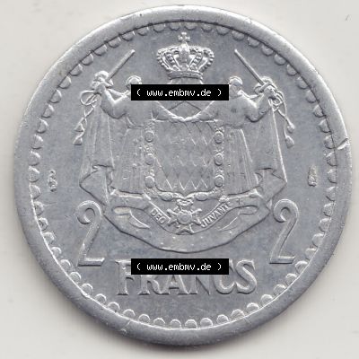 Alte Münzen Monaco Umlaufmünze Einzelansicht 1943-1943, 2 Franken 1943-1 in Aluminium, LOUIS II PRINCE DE MONACO, 2 FRANCS DEO JUVANTE. Rückseite auf einen digitalen... Sammlung