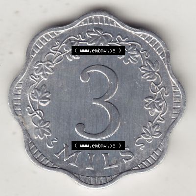 Bildmaterial Münzensatz / KMS 1972 aus Malta 1972-2006, 3 Mils 1972-1, MALTA 3 MILS. Rückseite als Einzelansicht einer Umlaufmünze aus 1972 Malta, Münze... Sammlung