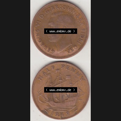 Alte Münzen Großbritannien Umlaufmünze 1949-1952, Half Penny, 1949-1, George VI, HALF PENNY HP, Segelschiff. Vorderseite und Rückseite vertikal... Sammlung