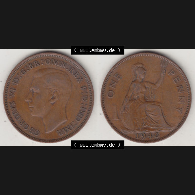 Münzen Großbritannien Umlaufmünze 1937-1948. 1 One Penny 1946-1, George VI, GEORGIVS VI DGBROMNREX FDINDIMP. HP. Vorderseite und Rückseite horizontal... Sammlung