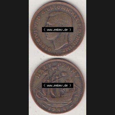 Alte Münzen Großbritannien Umlaufmünze 1937-1948, Half Penny, 1944-1, George VI, HALF PENNY HP, Segelschiff. Vorderseite und Rückseite vertikal... Sammlung