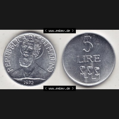 Bildmaterial Münzensatz / KMS 1972 aus San Marino 1972-1972, 5 Lire, 1972, LIRE MONASSI REPUBBLICA DI SAN MARINO. Vorderseite und Rückseite einer Umlaufmünze... Sammlung