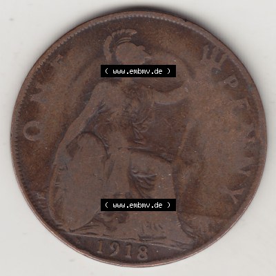 Alte Münzen Großbritannien Umlaufmünze 1911-1926, 1 Penny, One Penny, 1918-1, B.M. GEORGIVS V DEI GRA BRITT OMN REX FID DEF IND IMP. Rückseite... Sammlung