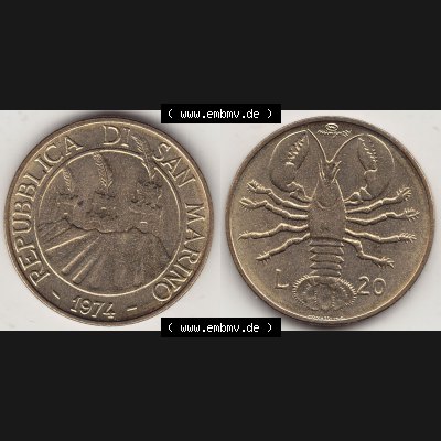 Bildmaterial Münzensatz / KMS 1974 aus San Marino 1974-1974, 20 Lire, L.20 MINGUZZI MONASSI INC.. Vorderseite und Rückseite als horizontales Bildmaterial... Sammlung
