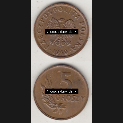 Münzen Polen KMS, Kursmünzensatz 1949-1949, Republik Polen 5 Groszy, Groschen, Bronze 1949-1. Vorderseite und Rückseite vertikal, untereinander mit Wert-Zahl... Sammlung