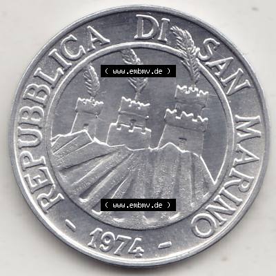 Bildmaterial Münzensatz / KMS 1974 aus San Marino 1974-1974, 10 Lire, L.10 MINGUZZI MONASSI INC.. Vorderseite einer Umlaufmünze aus 1974 REPUBBLICA DI SAN... Sammlung