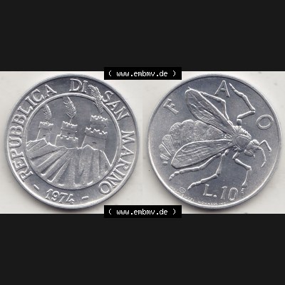 Bildmaterial Münzensatz / KMS 1974 aus San Marino 1974-1974, 10 Lire, L.10 MINGUZZI MONASSI INC.. Vorderseite und Rückseite als horizontales Bildmaterial... Sammlung