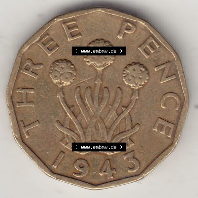 Alte Münzen Großbritannien Umlaufmünze 1937-1948, 3 Pence, Three Pence 1943-2, George VI, GEORGIVS VI D G BR OMN REX F D IND IMP. Rückseite der alten... Sammlung