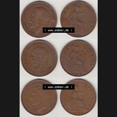 Alte Münzen Großbritannien Umlaufmünze 1921-1948, 1921, 1935, 1948 One Penny, 1 Penny George V. VI. Ein Satz alter Münzen aus Großbritannien... Sammlung