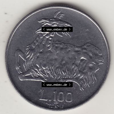 Bildmaterial Münzensatz / KMS 1974 aus San Marino 1974-1974, 100 Lire, L.100 MINGUZZI MONASSI INC.. Rückseite als Einzelansicht einer Umlaufmünze aus... Sammlung