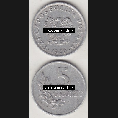 Münzen Polen KMS, Kursmünzensatz 1949-1949, Republik Polen 5 Groszy, Groschen, Aluminium 1949-1. Vorderseite und Rückseite vertikal, untereinander mit... Sammlung