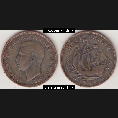 Alte Münzen Großbritannien Umlaufmünze 1937-1948, Half Penny, 1944-1, George VI, HALF PENNY HP, Segelschiff. Vorderseite und Rückseite horizontal... Sammlung