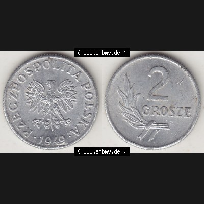 Münzen Polen KMS, Kursmünzensatz 1949-1949, Republik Polen 2 Grosze, Groschen, Aluminium 1949-1. Vorderseite und Rückseite horizontal mit Wert-Zahl / Wert-Angabe... Sammlung
