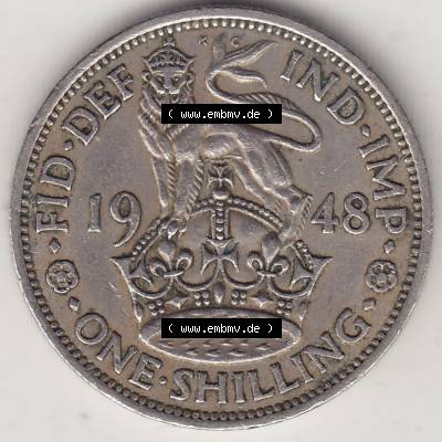 Alte Münzen Großbritannien Umlaufmünze 1949-1951, 1 One Schilling - Shilling, 1948-4 Stehender Löwe auf Krone. Rückseite der alten britischen Münze aus... Sammlung
