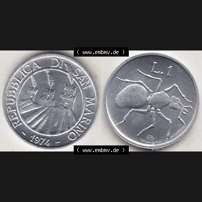 Bildmaterial Münzensatz / KMS 1974 aus San Marino 1974-1974, 1 Lire, 1 Lira, L.1 MINGUZZI MONASSI INC.. Vorderseite und Rückseite als horizontales Bildmaterial... Sammlung