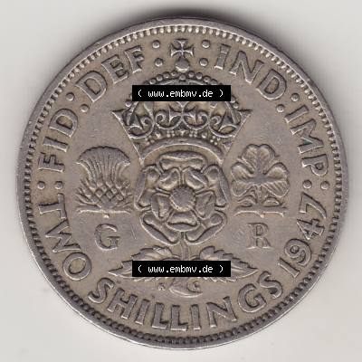 Alte Münzen Großbritannien Umlaufmünze 1947-1948, 2 Schilling-Florin, Two Shillings, 1947-2, George VI, GEORGIVS VI D G BR OMN REX, FID DEF IND IMP,... Sammlung