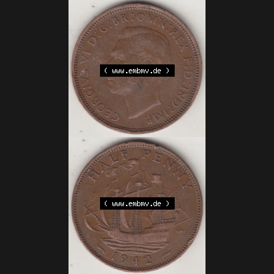 Alte Münzen Großbritannien Umlaufmünze 1937-1948, Half Penny, 1942-1, George VI, HALF PENNY HP, Segelschiff. Vorderseite und Rückseite vertikal... Sammlung