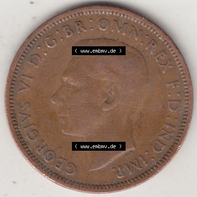 Alte Münzen Großbritannien Umlaufmünze 1937-1948, Half Penny, 1942-2, George VI, HALF PENNY HP, Segelschiff. Vorderseite der alten britischen Münze... Sammlung