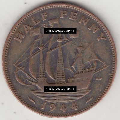 Alte Münzen Großbritannien Umlaufmünze 1937-1948, Half Penny, 1944-1, George VI, HALF PENNY HP, Segelschiff. Rückseite der alten britischen Münze... Sammlung