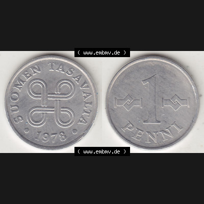 Alte Münzen KMS Finnland, Kursmünzensatz 1978 in Stempelglanz 1969-1979, 1 Penny, 1978-1. Digitales Bild / Bildmaterial mit Vorderseite und Rückseite einer Münze... Sammlung