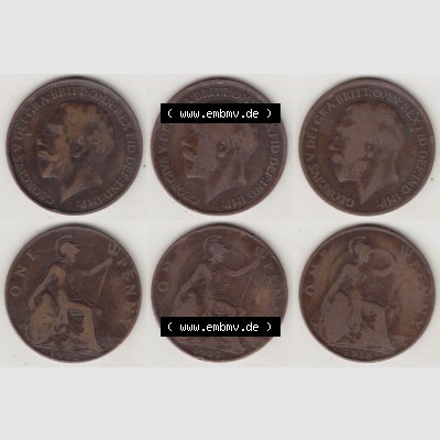 Alte Münzen Großbritannien Umlaufmünze 1912-1918, 1912, 1917, 1918 One Penny, 1 Penny George V. Ein Satz alter Münzen aus Großbritannien Zeitraum... Sammlung