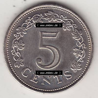 Bildmaterial Münzensatz / KMS 1972 aus Malta 1972-1981, 5 Cent 1972-1, MALTA 5 CENTS. Rückseite als Einzelansicht einer Umlaufmünze aus 1972 Malta, Münze... Sammlung