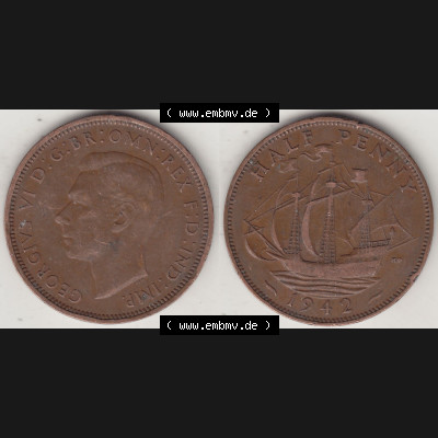 Alte Münzen Großbritannien Umlaufmünze 1937-1948, Half Penny, 1942-1, George VI, HALF PENNY HP, Segelschiff. Vorderseite und Rückseite horizontal... Sammlung