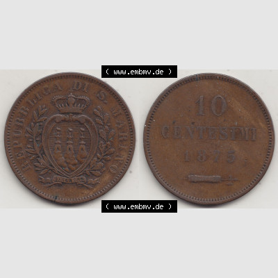 Bildmaterial Münzen aus San Marino vor 1900, 1875-1894, 10 Centesimi, Cent-Wert, 1875-1, GORI LIBERTAS REPUBBLICA DI S. MARINO, 10 CENTESIMI. Vorderseite... Sammlung