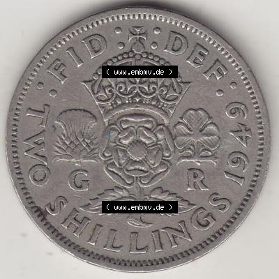 Alte Münzen Großbritannien Umlaufmünze 1949-1951, 2 Schilling, Shillings (Florin) 1949-2, George VI, GEORGIVS VI DG BR OMN REX, FID DEF TWO SHILLINGS.... Sammlung