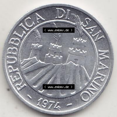 Bildmaterial Münzensatz / KMS 1974 aus San Marino 1974-1974, 5 Lire, L.5 MINGUZZI MONASSI INC.. Vorderseite einer Umlaufmünze aus 1974 REPUBBLICA DI SAN MARINO,... Sammlung