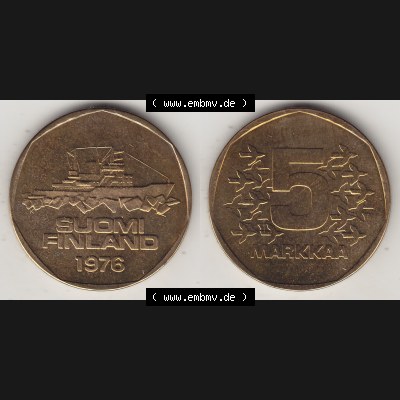 Alte Münzen KMS Finnland, Kursmünzensatz 1976 in Stempelglanz 1972-1978, 5 Finnische Mark, Markkaa 1976-1, SUOMI FINLAND. Vorderseite und Rückseite zusammengefügt... Sammlung