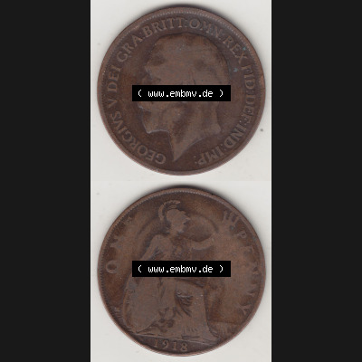 Alte Münzen Großbritannien Umlaufmünze 1911-1926, 1 Penny, One Penny, 1918-1, B.M. GEORGIVS V DEI GRA BRITT OMN REX FID DEF IND IMP. Vorderseite... Sammlung