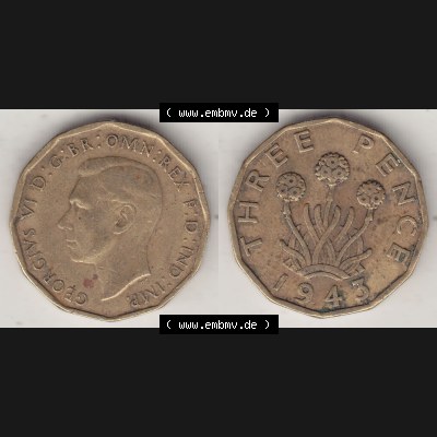 Alte Münzen Großbritannien Umlaufmünze 1937-1948, 3 Pence, Three Pence 1943-4, George VI, GEORGIVS VI D G BR OMN REX F D IND IMP. Vorderseite und Rückseite... Sammlung