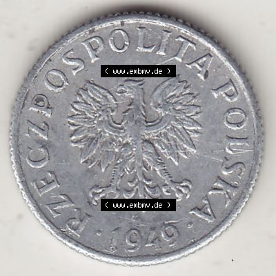 Münzen Polen KMS, Kursmünzensatz 1949-1949, Republik Polen 1 Grosz, Groschen, Aluminium 1949-1. Vorderseite einer polnischen Münzen auf einen Digitalen Bild... Sammlung