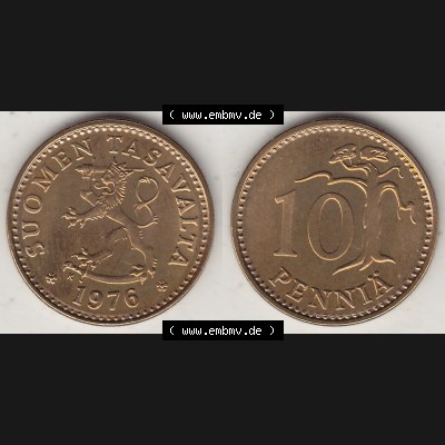 Alte Münzen KMS Finnland, Kursmünzensatz 1976 in Stempelglanz 1963-1982, 10 Penny, Penniä 1976-1, SUOMEN TASAVALTA. Vorderseite und Rückseite zusammengefügt... Sammlung