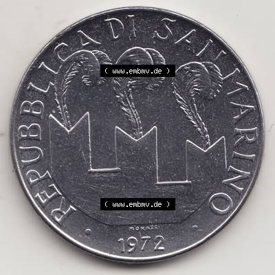 Bildmaterial Münzensatz / KMS 1972 aus San Marino 1972-1972, 100 Lire von 1972, 100 LIRE MONASSI REPUBBLICA DI SAN MARINO. Vorderseite einer Umlaufmünze aus 1972 REPUBBLICA... Sammlung