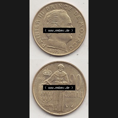 Alte Münzen Monaco Umlaufmünze Vollansicht 1962-1995, 20 Centimes, Cent 1979-1, RAINIER III PRINCE DE MONACO SIMON, 20 CENTIMES DEO JUVANTE. Vorderseite und Rückseite... Sammlung