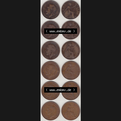 Alte Münzen Großbritannien Umlaufmünze 1912-1948, 1912, 1917, 1918, 1921, 1935 und 1948 One Penny, 1 Penny George V. VI.. Ein Satz... Sammlung