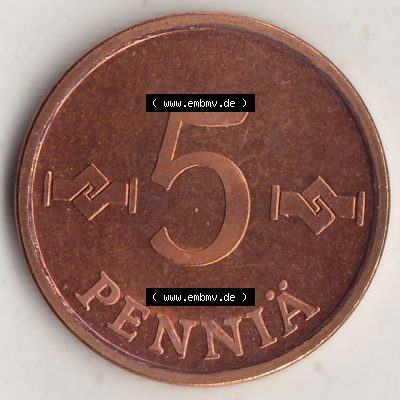 Alte Münzen KMS Finnland, Kursmünzensatz 1976 in Stempelglanz 1963-1977, 5 Penny Penniä 1976-1, SUOMEN TASAVALTA. Rückseite einer Münze aus KMS / Kursmünzen... Sammlung