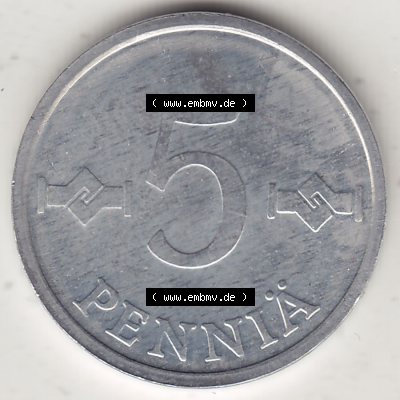 Alte Münzen KMS Finnland, Kursmünzensatz 1978 in Stempelglanz 1977-1990, 5 Penny, 1978-1. Rückseite mit Wert-Zahl bzw. Nennwert einer Münze aus offiziellen... Sammlung