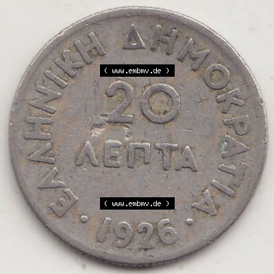 Alte Münzen KMS Griechenland, Kursmünzensatz 1926-1926, 20 Lepta Aenta 1926-1. Vorderseite der alten griechischen Umlaufmünze aus Griechenland in der Drachmen-Währung... Sammlung