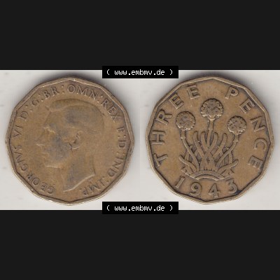 Alte Münzen Großbritannien Umlaufmünze 1937-1948, 3 Pence, Three Pence 1943-3, George VI, GEORGIVS VI D G BR OMN REX F D IND IMP. Vorderseite und Rückseite... Sammlung