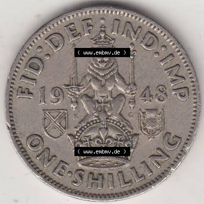 Alte Münzen Großbritannien Umlaufmünze 1949-1951, 1 One Schilling - Shilling, 1948-6 Stehender Löwe auf Krone. Rückseite der alten britischen Münze aus... Sammlung
