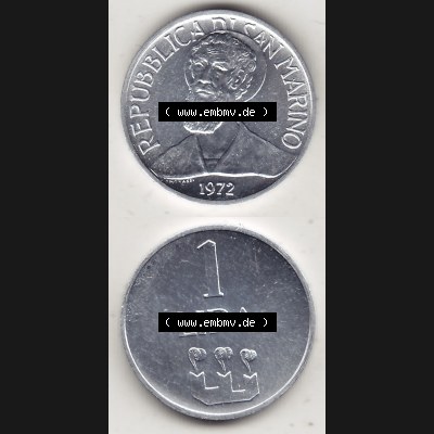 Bildmaterial Münzensatz / KMS 1972 aus San Marino 1972-1972, 1 Lira, Lire 1972, 1 LIRA MONASSI REPUBBLICA DI SAN MARINO. Vorderseite und Rückseite einer Umlaufmünze... Sammlung